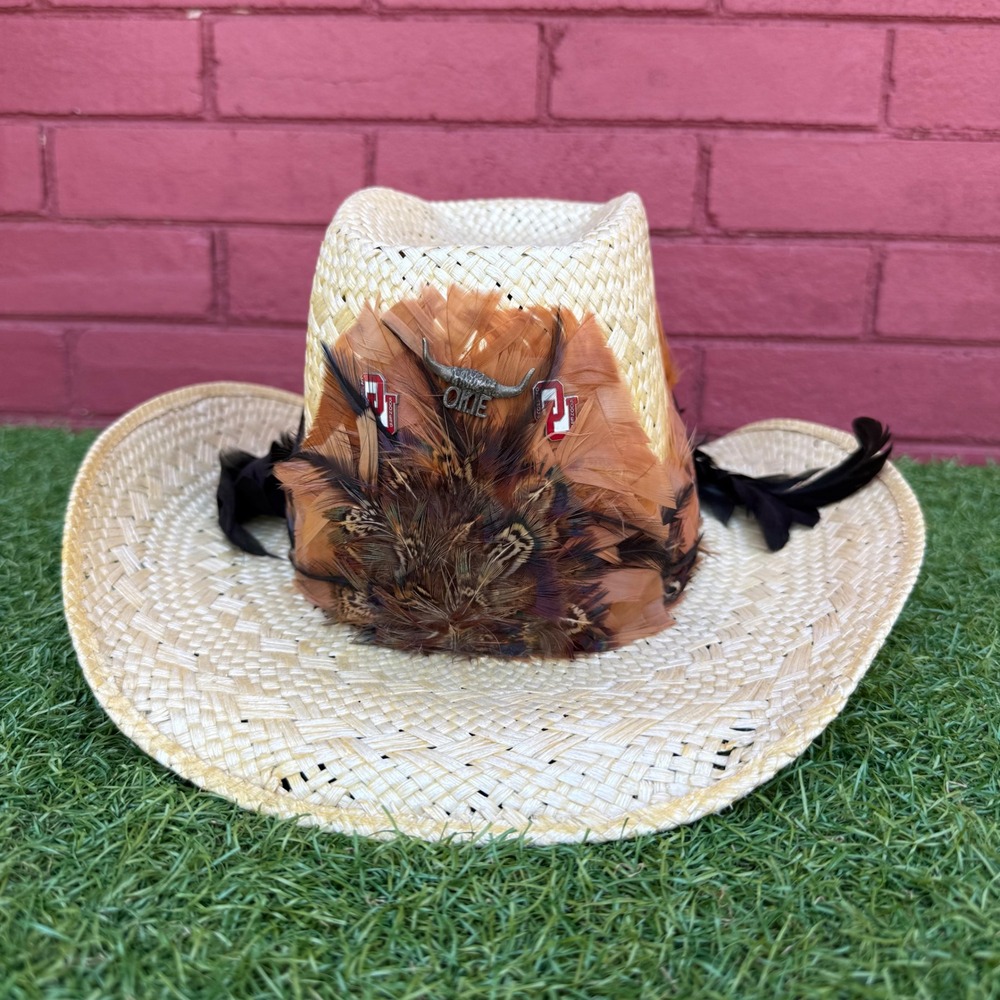 Vtg Resistol Stagecoach Straw Cowboy Hat 6 1/2 OU Sooners Pin Feathers Longhorn